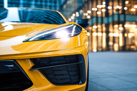 A vibrant yellow vehicle's polished surface gleams under fading city lights, capturing modern...