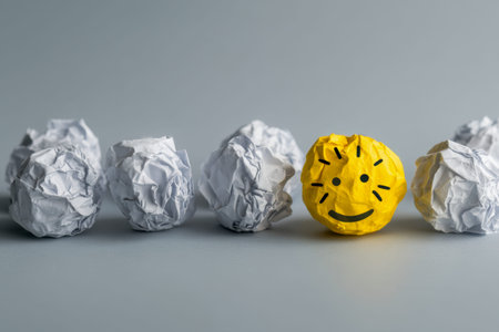 A vibrant yellow paper sphere with a joyful expression models individuality among a line of plain...