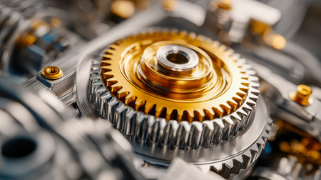 A detailed view of interwoven steel cogs and precise machinery parts showing craftsmanship and...