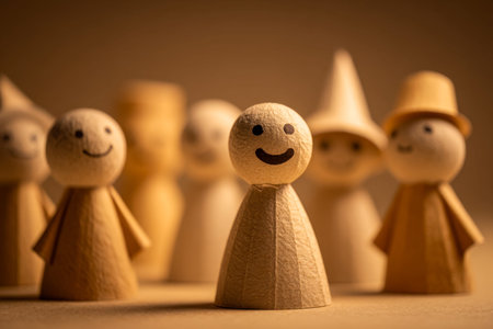 Cheerful handcrafted wooden characters adorned with bright accessories and joyful expressions,...