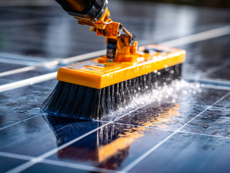 A sleek robotic arm equipped with a scrubbing attachment diligently cleaning a vast array of solar...