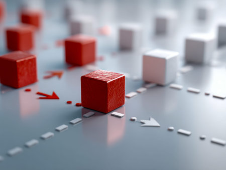 An arrangement of vivid red and white blocks on a mirrored surface, accented by directional arrows,...