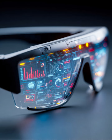 A person wears sleek ar glasses displaying vibrant holographic charts and icons, blending...