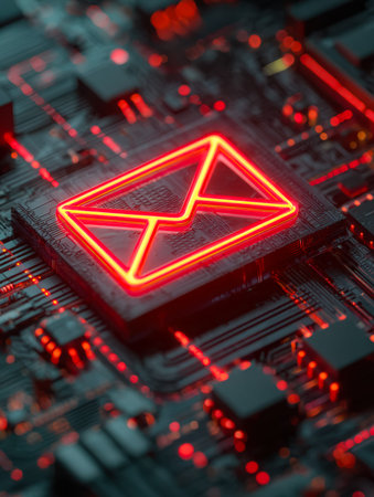 A cutting-edge digital interface featuring a luminous neon envelope symbol set against an intricate...