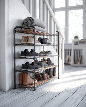 A stylish, well-arranged shoe display showcases sneakers, boots, and slippers alongside cozy blankets, set in a sleek, luminous living space.の写真素材