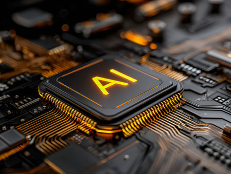 A sleek, futuristic microprocessor seamlessly embedded within a dense network of vibrant circuit...