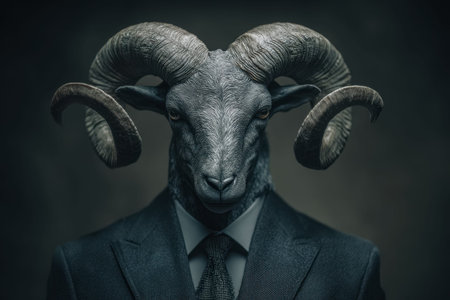 A sharp-dressed goat stands confidently under intense, moody illumination, blending corporate...