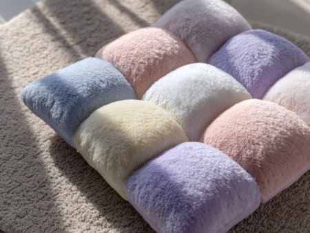 Soft, vibrant cushions nestled together on a rough, artisanal surface evoke coziness and playful charm, perfect for cozy corners or gift displays.の写真素材