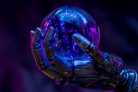 A sleek, high-tech prosthetic limb cradles a luminous sphere etched with vibrant neon circuitry,...