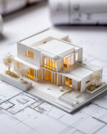 A sleek, scaled-down house design illuminated from within, set against detailed blueprints, showing...