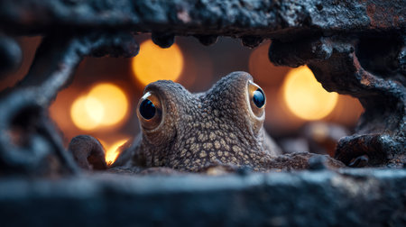 A curious octopus examines a weathered metal hatch, its eyes shimmering with intrigue against a...