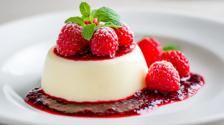 A smooth, delicate dessert perched atop a pristine white plate, garnished with vibrant raspberries,...