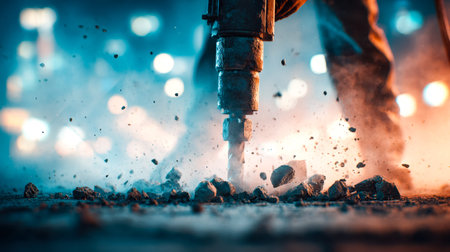 Intense focus on heavy-duty equipment as sparks cascade and debris erupts, illustrating the power...