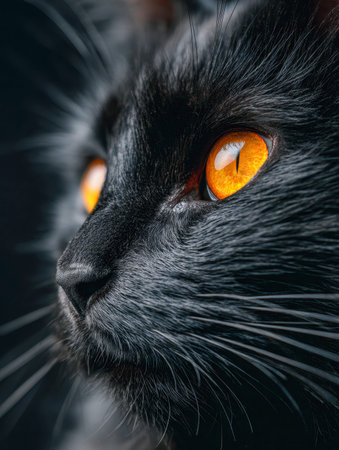 A striking black feline's face reveals piercing amber eyes and intricate fur patterns, set against a...