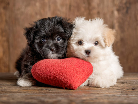 Twinned with innocence, these velvety pups rest close on aged wood, surrounded by cozy warmth and a...