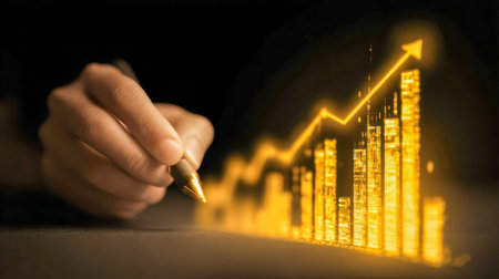 A person's hand sketches a glowing upward-moving chart on a dark surface, capturing themes of...