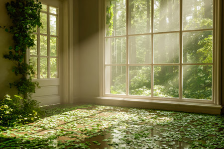 Gentle sunlight floods a vibrant green space filled with wild plants and scattered leaves,...