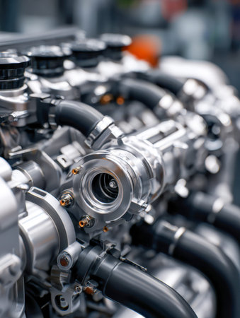 An intricate metallic turbocharger gleams amidst sleek black piping, set against a specialized...