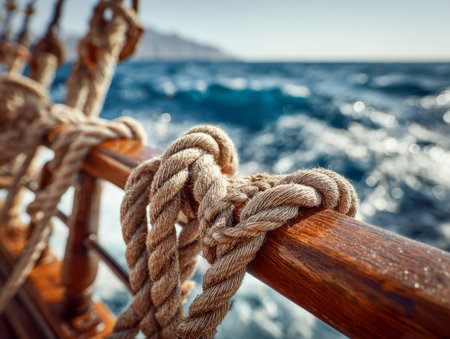 A textured, resilient seed fiber cord secures a smooth wooden rail, with a lively cerulean sea and...