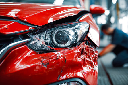 A detailed view of a vibrant red vehicle showing crumpled front panels and broken components,...