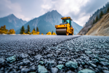 A heavy-duty steamroller flattens rugged terrain amidst towering peaks, signaling the start of new...