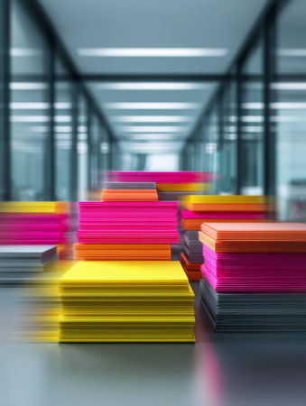 Brightly arranged paper stacks extend down a sleek office hallway, their lively hues contrasting...