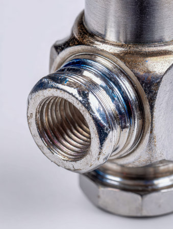 An intricate view of a polished metal part highlighting fine threading and precise tooling marks,...