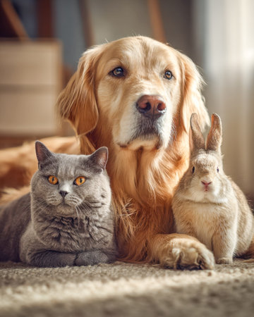 A cozy indoor scene features a friendly retriever, a sleek gray feline, and a gentle rabbit resting...