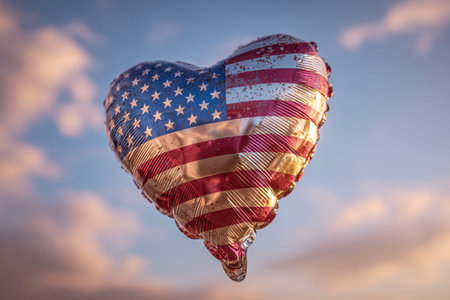 A shimmering silver heart-shaped balloon adorned with a patriotic star-spangled design gently drifts across a gentle, pastel-hued sunset sky, evoking feelings of celebratの写真素材