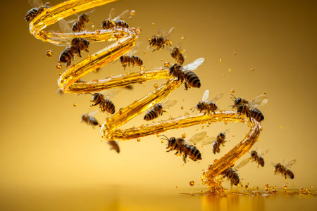 Buzzing insects gather around a vibrant, twisting stream of amber nectar, set against a radiant, golden backdrop that evokes warmth and abundanceの写真素材