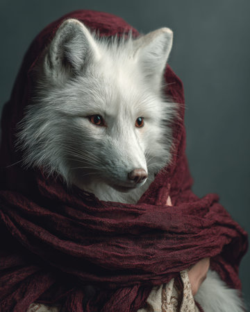 A serene husky with icy blue eyes rests softly, draped in a rich burgundy scarf, set against a deep,...