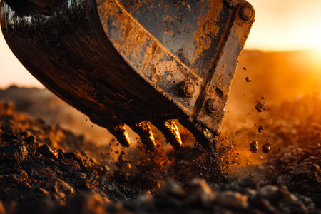 A detailed view captures an excavator's bucket in action, plunging into earth beneath a warm, fading sunset sky, highlighting construction energy and natural colors.の写真素材