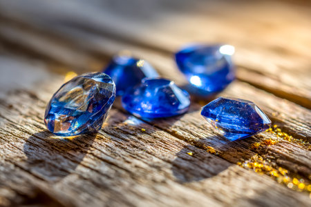 Vibrant azure gemstones rest atop aged wooden planks, accented with gleaming gold, evoking rustic...