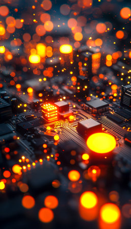 Intricate electronic circuitry illuminated by warm amber sparks, set against a shadowy background,...