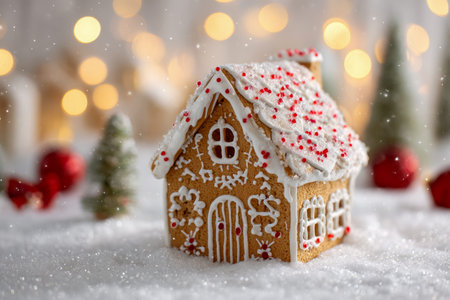 A charming gingerbread home adorned with frosty white icing and vibrant red sprinkles rests on shimmering snow, illuminated by warm holiday lights and soft-focus ornaments.