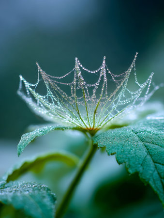 Morning mist caresses a delicate web shimmering with dew, nestled among vibrant foliage in a...
