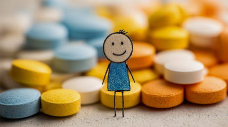 A cheerful paper doll stands amid vibrant, circular symbols celebrating vitality and well-being,...