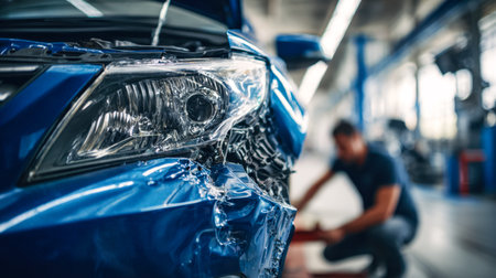 A battered blue vehicle's front end reveals dents and scratches, while a technician works diligently...