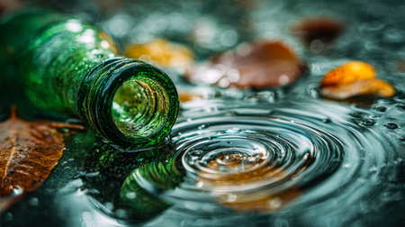 A translucent emerald bottle rests amidst damp leaves and gentle water ripples, evoking a tranquil autumn scene filled with subtle reflection and seasonal serenity.の写真素材