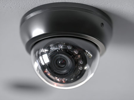 A sleek, modern camera discreetly installed on a ceiling, equipped with infrared illumination to...