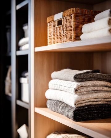 Warm natural light highlights soft, organized stacks of folded textiles arranged on rustic wooden...