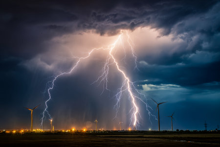 Bright bolts illuminate a tumultuous night sky as towering turbines stand silent amidst the electric...