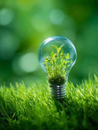 A glowing light bulb contains a lush green sprout, embodying sustainable creativity and inspiring eco-conscious solutions for a greener future.の写真素材