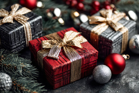 Brightly wrapped presents nestled among sparkling decorations and lush foliage evoke warm holiday...