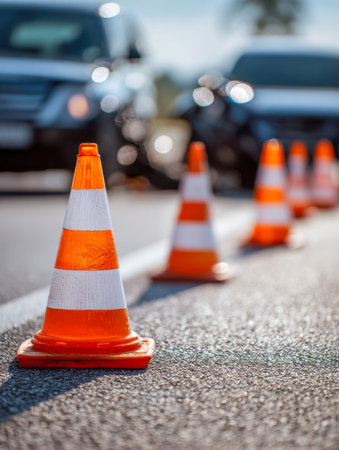 Bright orange cones line the busy roadway, directing queues of vehicles amid a dynamic,...