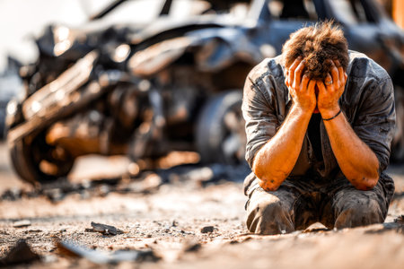 A man stands overwhelmed and distraught amid mangled wreckage, capturing raw emotion and the chaos...