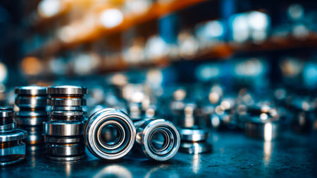 A collection of small, shiny metal spheres arranged on a workbench, hinting at machinery assembly or...