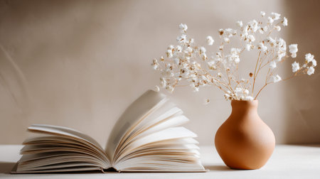 A refined ceramic vessel holds soft white blooms, paired with an open book whose pages waver gently, evoking calmness and intimate comfort against a subtle background.の写真素材