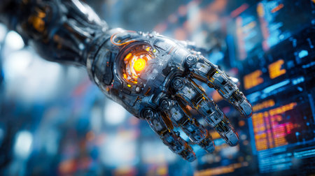 An intricate robotic hand with sleek metallic contours, set against a vibrant digital data stream,...