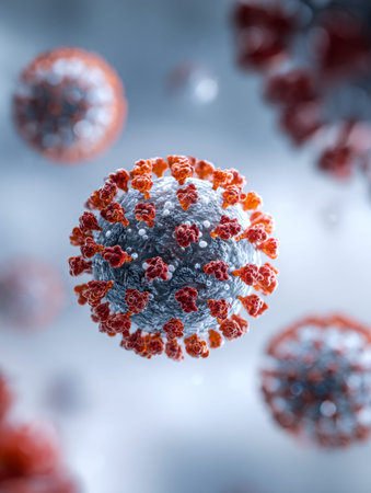 A detailed illustration of a microscopic pathogen featuring prominent spike structures, set against...